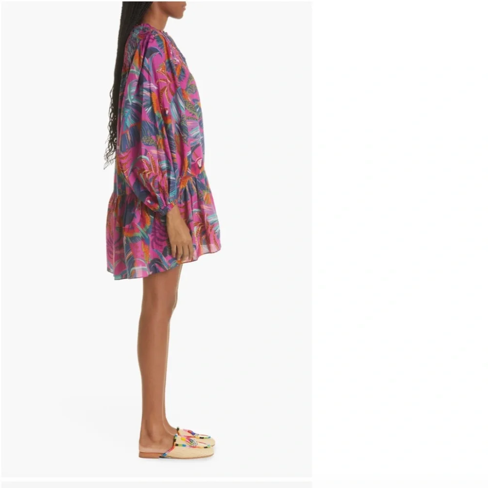 NWT $195 FARM Rio Rainbow Macaws Long Sleeve Minidress, RAINBOW MACAWS, Small!